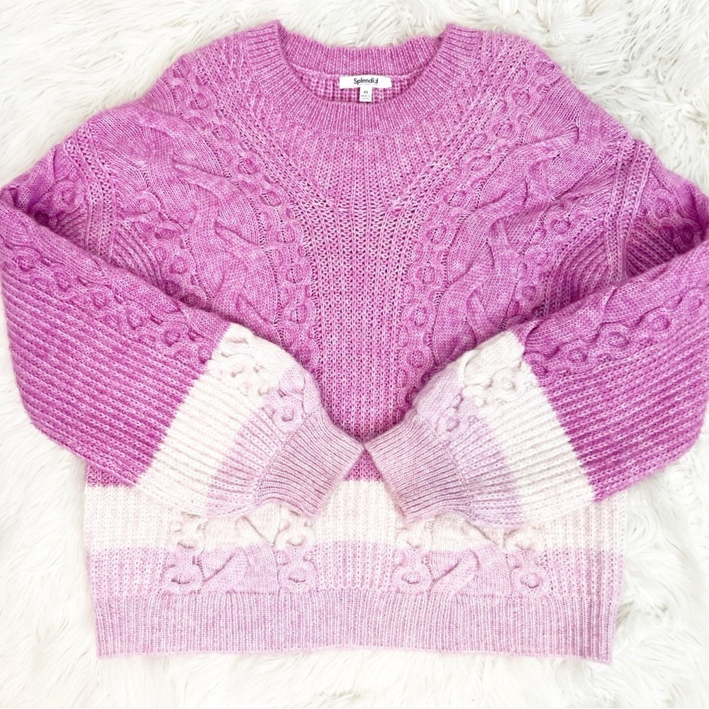 SPLENDID SAMANTHA PINK WHITE CABLE KNIT PULLOVER SWEATER WOMENS XS - Picture 3 of 7